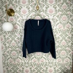 Anthropologie Scoopneck Wool Blend Cropped Navy Blue Knit Sweater - Size - Small